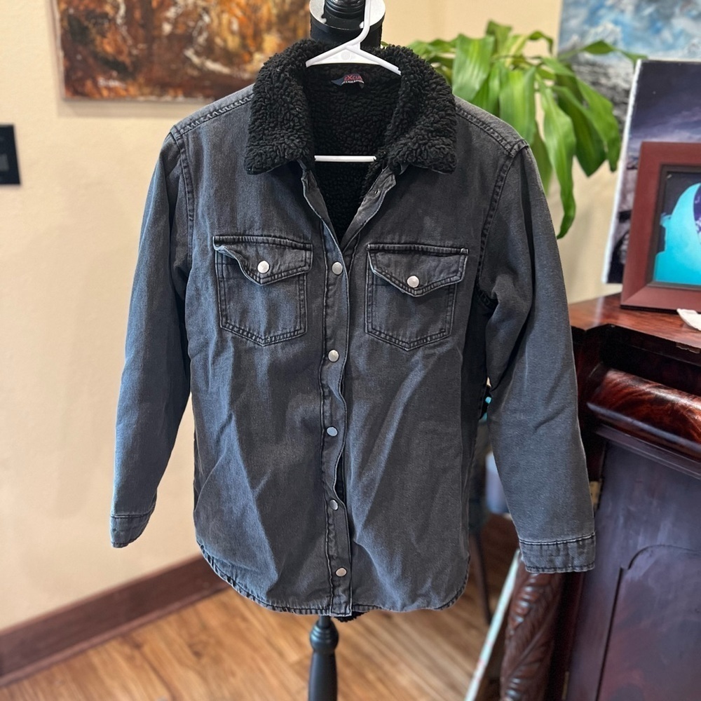 Never enough “Excuse” fleece lined black denim jacket size small